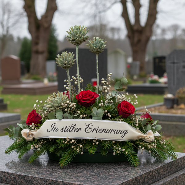 Grabgesteck mit roten Rosen, Schleierkraut und Tannenzweigen auf einem Grabstein. Eine Schleife trägt die Aufschrift In stiller Erinnerung.