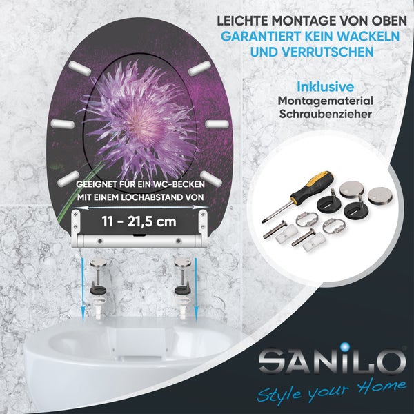Sanilo WC-Sitz mit Blumenmotiv und Befestigungsmaterial zur Montage von oben, passend für Lochabstände von 11 bis 21,5 Zentimetern.