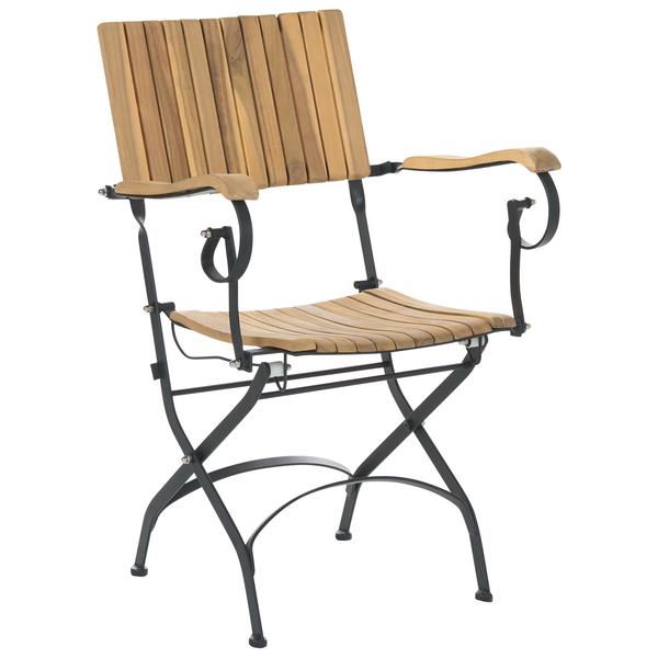 Klappbarer Gartenstuhl mit Armlehnen, Sitzfläche und Rückenlehne aus Holzlatten, Gestell aus Metall.