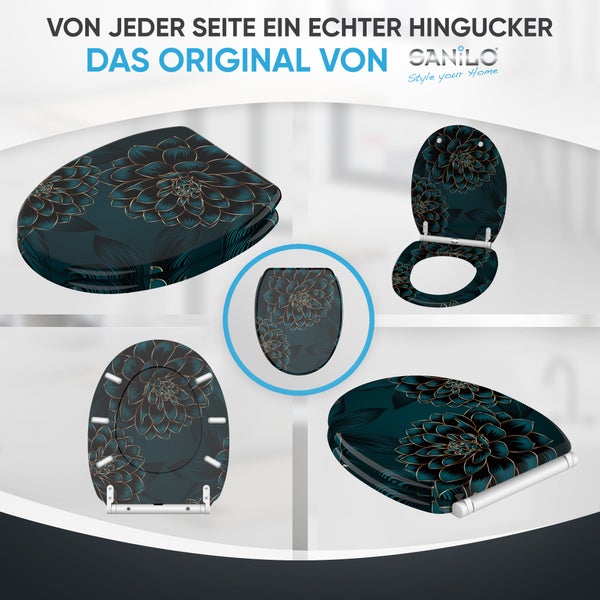 Sanilo WC-Sitz mit goldfarbenem Blumenmuster auf dunklem Grund, Ansichten von oben, unten, geöffnet und geschlossen. Sanilo Logo.
