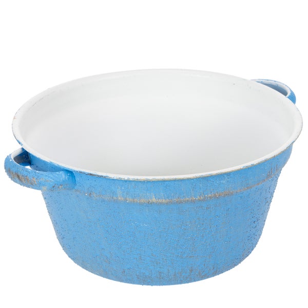 Runder Pflanztopf aus Metall mit Henkeln in Blau mit weißer Innenseite und antikem Finish.