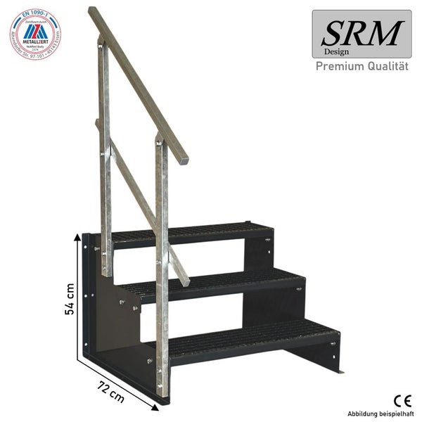 SRM Design Außentreppe aus Stahl mit 3 Gitterroststufen und Geländer, Höhe 54 Zentimeter, Tiefe 72 Zentimeter, EN 1090-1 zertifiziert.