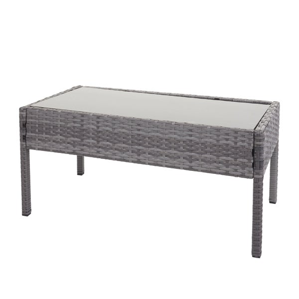 Rechteckiger Garten-Loungetisch aus grauem Polyrattan-Geflecht mit einer Tischplatte aus Glas.