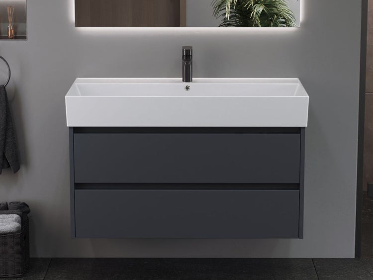Aqua Bagno Basic Plan Waschbecken 10.16.30.07.02 – 100 x 45 cm – Weiß Hochglanz – Keramikbecken mit Hahnloch & Überlauf