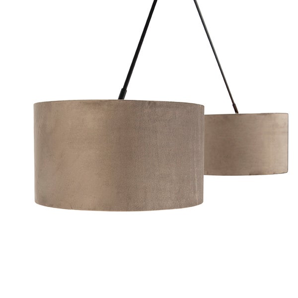 Pendelleuchte mit zwei zylindrischen Samtschirmen in Grau und schwarzen Aufhängungen.