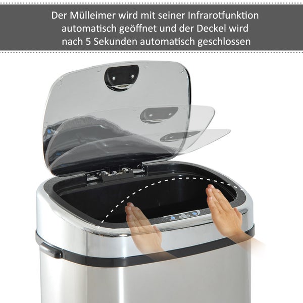 HOMCOM, Automatik Mülleimer, Abfalleimer, 68L, Edelstahl, Kunststoff, Silber