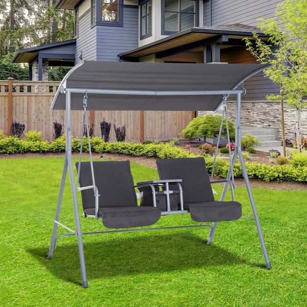 Outsunny Hollywoodschaukel, 2-Sitzer Gartenschaukel mit Sonnendach, 175 x 112 x 165 cm, Metall, Polyester, Oxford, Grau
