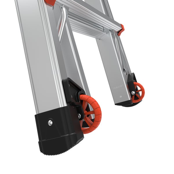Detailansicht der Leiterfüße einer Aluminiumleiter mit integrierten Transportrollen für einfachen Transport