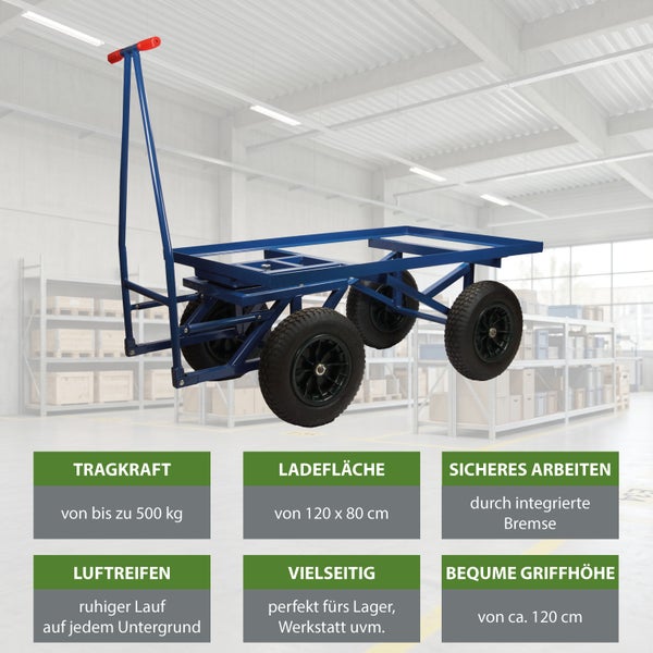 Plattformwagen mit Luftreifen und Deichsel, Tragkraft 500 Kilogramm, Ladefläche 120 mal 80 Zentimeter, geeignet für Lager und Werkstatt.