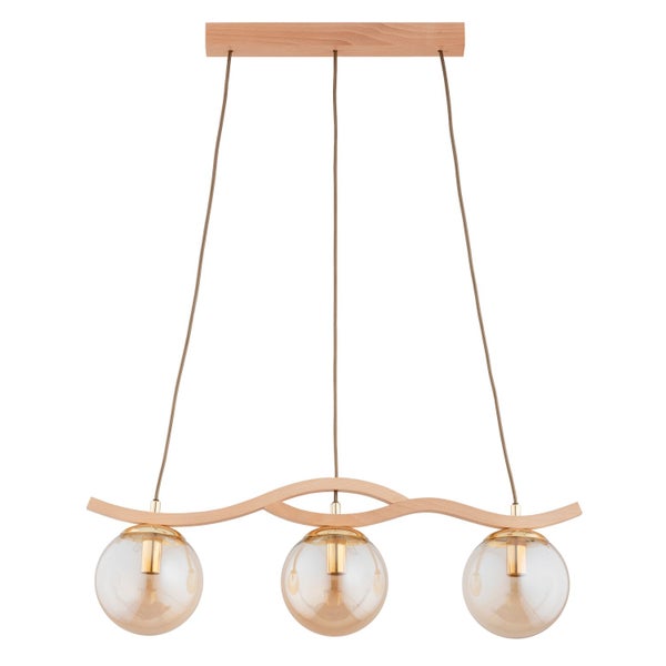 Dreiflammige Pendelleuchte mit Holzleiste und drei Glaskugeln als Deckenlampe