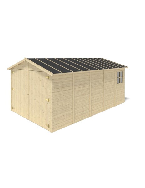 Gerätehaus aus Holz mit Doppeltür, Satteldach und Seitenfenster für die Aufbewahrung von Gartenwerkzeugen.