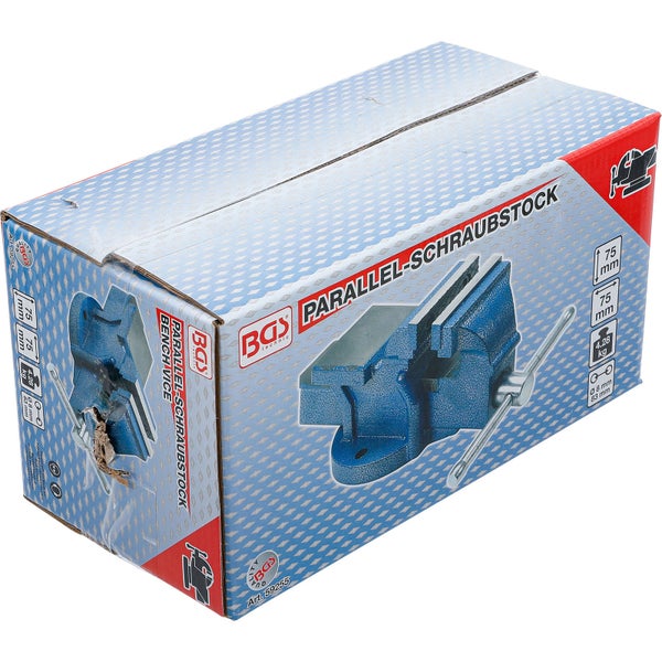 BGS Technic Parallelschraubstock in Verpackung mit 75 Millimeter Backenbreite und 75 Millimeter Spannweite.