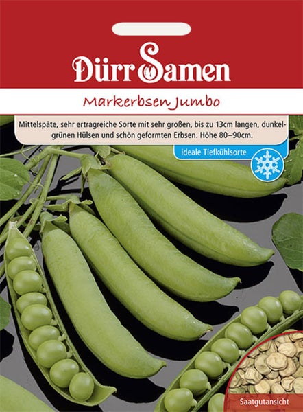 Samentüte von Dürr Samen für Markerbsen Jumbo mit Abbildung von grünen Erbsenschoten und getrockneten Erbsen.