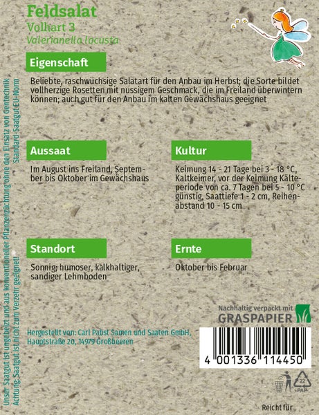 Rückseite der Samentüte für Feldsalat Volhart 3 mit Informationen zu Aussaat, Standort und Ernte sowie nachhaltiger Verpackung aus Graspapier.
