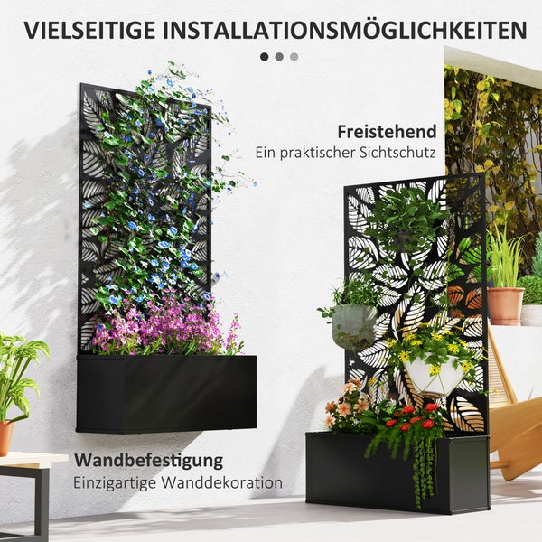 Schwarze Rankgitter aus Metall mit Blattmuster und Pflanzkasten, wandmontiert und freistehend für Kletterpflanzen und Sichtschutz.