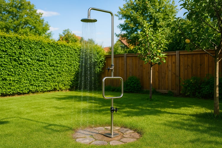 Moderne Gartendusche aus Edelstahl mit fließendem Wasser in einem Garten mit Hecke und Holzzaun.