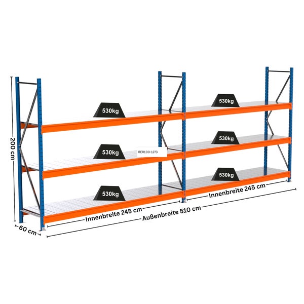 Regal mit drei Ebenen, einer Traglast von 530 Kilogramm pro Ebene und Maßangaben