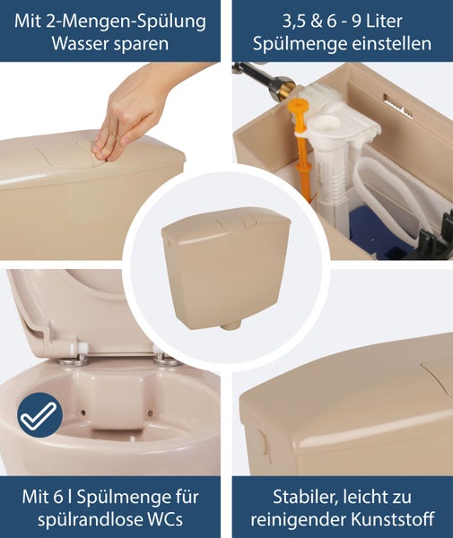 Sanitop-Wingenroth Spülkasten Karat | Tiefspülkasten mit Zwei-Mengen-Technik | 3,5 oder 6 - 9 l | Geräuscharm und vollisoliert | Variabler Anschluss | Beige | 21053 9
