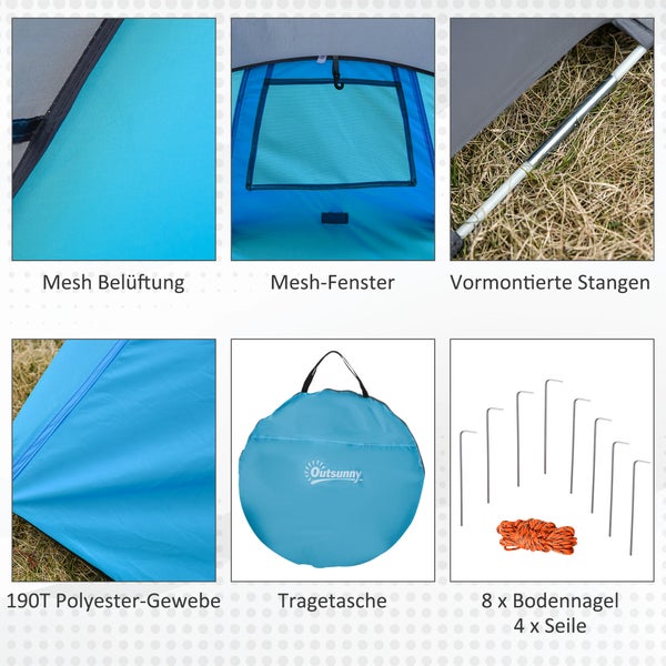 Outsunny Pop up Zelt für 1-2 Personen, Campingzelt für 3 Jahreszeiten, 220 x 108 x 110 cm, Polyester, Glasfaser, Blau+Grau