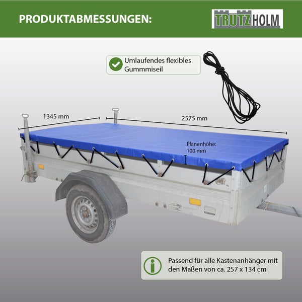 Anhängerplane mit Gummiseil und Maßen für Kastenanhänger 257 mal 134 Zentimeter. Trutzholm Logo.