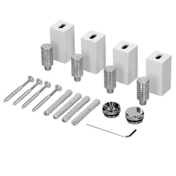 Montage-Set mit vier weißen Halterungen, vier Metallverbindern, vier Schrauben, vier Dübeln, zwei Abdeckkappen und einem Innensechskantschlüssel.