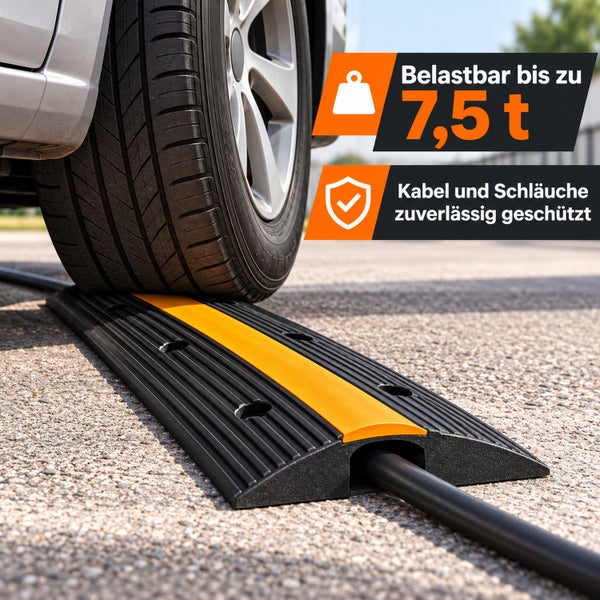 Kabelbrücke mit integriertem Kabelkanal, überfahrbar bis 7,5 Tonnen, schützt Kabel und Schläuche im Außenbereich vor Beschädigungen.