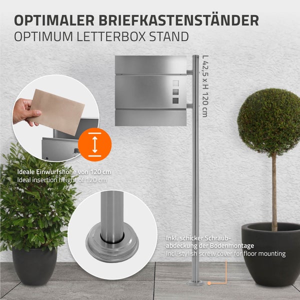 Briefkastenständer aus Edelstahl mit einer Höhe von 120 Zentimetern, inklusive Schraubabdeckung für die Bodenmontage und idealer Einwurfshöhe.