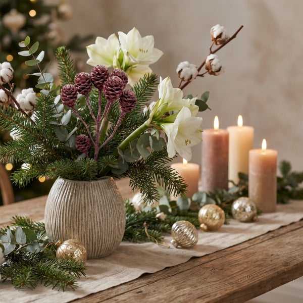 Weihnachtliches Tischgesteck mit Amaryllis und Tannenzweigen in einer Vase neben Kerzen und Dekokugeln auf einem Holztisch.
