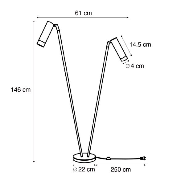 Maßskizze einer zweiflammigen Stehleuchte mit Maßen: Höhe 146 Zentimeter, Breite 61 Zentimeter, Fuß Durchmesser 22 Zentimeter.