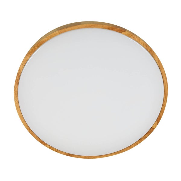 Runde Deckenleuchte mit Holzrahmen und weißer Kunststoffabdeckung.