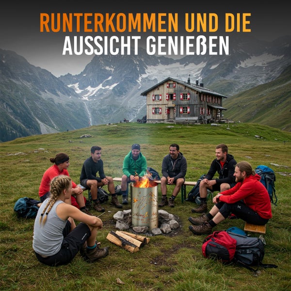 Gruppe von Personen sitzt um eine Feuersäule in den Bergen vor einer Hütte