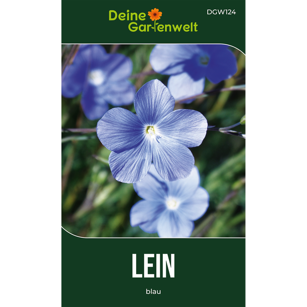 Samentüte für Lein mit blauen Blüten, Deine Gartenwelt Logo.
