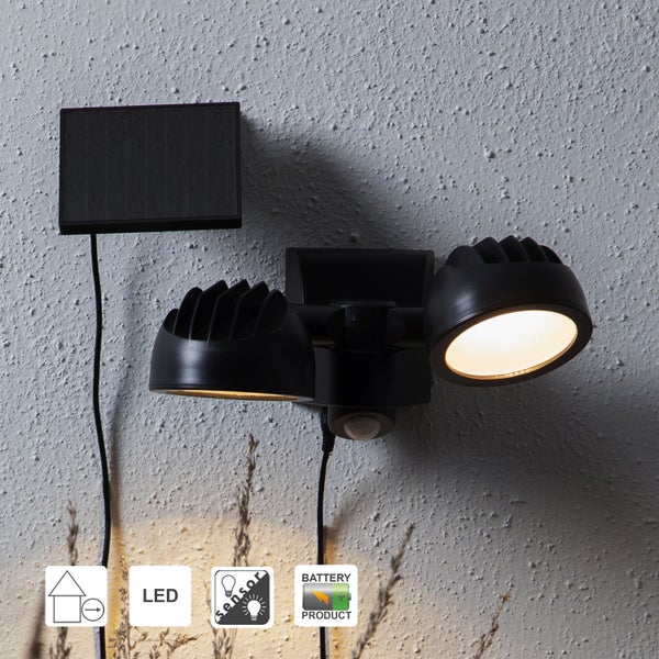 Schwarzer LED-Solarstrahler mit Bewegungsmelder zur Wandmontage