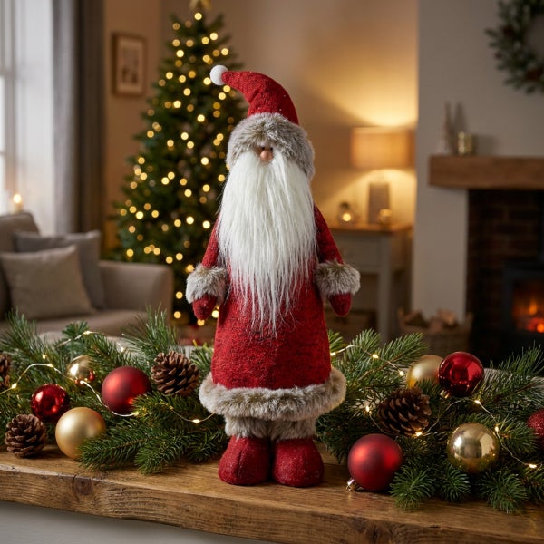 Dekorative Weihnachtsfigur Weihnachtsmann mit langem Bart und Fellbesatz in einer festlich geschmückten Wohnzimmerumgebung.