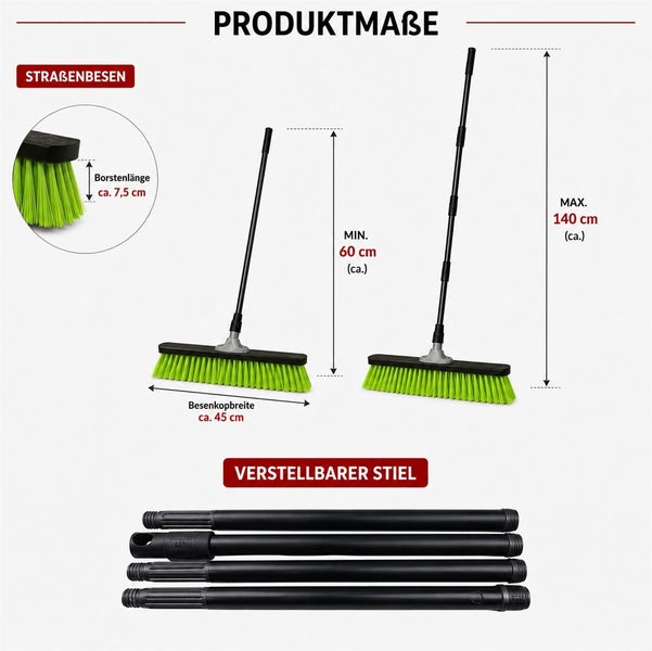 Produktmaße eines Straßenbesens mit verstellbarem Stiel von 60 bis 140 Zentimeter und einer Besenkopfbreite von 45 Zentimetern.