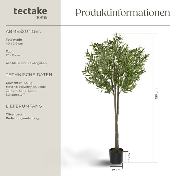 Tectake Home Logo mit Maßblatt eines künstlichen Olivenbaums inklusive Abmessungen und Materialangaben.