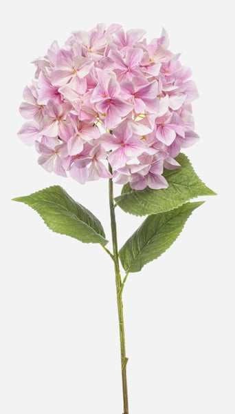 Künstliche Hortensie mit rosa-weißen Blüten und grünen Blättern.