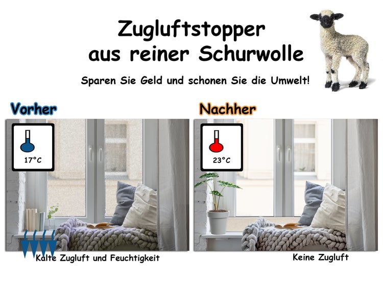 BigDean 3x Zugluftstopper für Fenster 150cm - 100% Schurwolle - Beige - Luftzugstopper Durchzugstopper Windstopper - Made in Germany