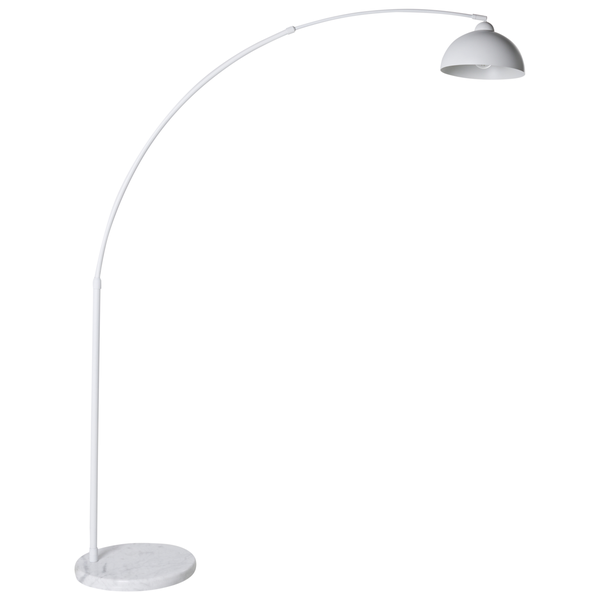 Bogenlampe mit weißem Metallschirm, weißem bogenförmigem Gestell und rundem Marmorfuß.
