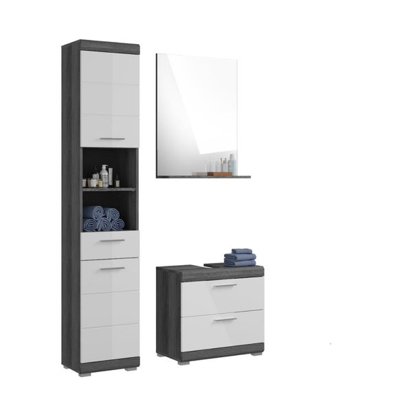 Modernes Badezimmermöbel-Set in Anthrazit-Optik und Weiß bestehend aus Hochschrank mit offenen Fächern, Wandspiegel mit Ablage und Unterschrank.