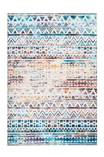 Rechteckiger Teppich mit geometrischem Muster aus horizontalen Reihen von Dreiecken und Rauten in Blau, Orange und Braun.