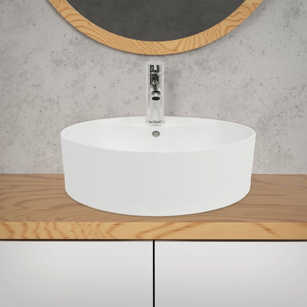 ECD Germany Waschbecken Waschtisch Ø 460 x 155 mm aus Keramik Rund Weiß - Aufsatzbecken Aufsatzwaschbecken Handwaschbecken Aufsatzwaschtisch Spülbecken Becken Wasserfall Waschschale Waschschüssel