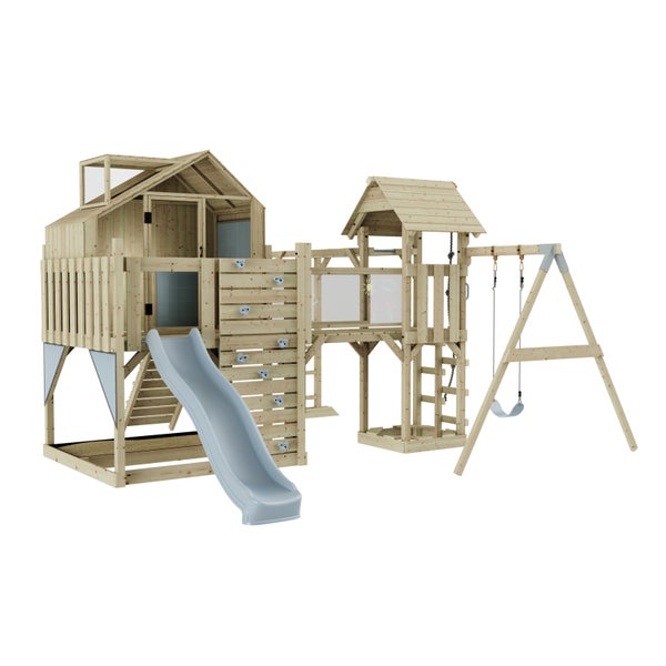 Spielplatz mit Rutsche, Schaukel und Kletterwand aus Holz