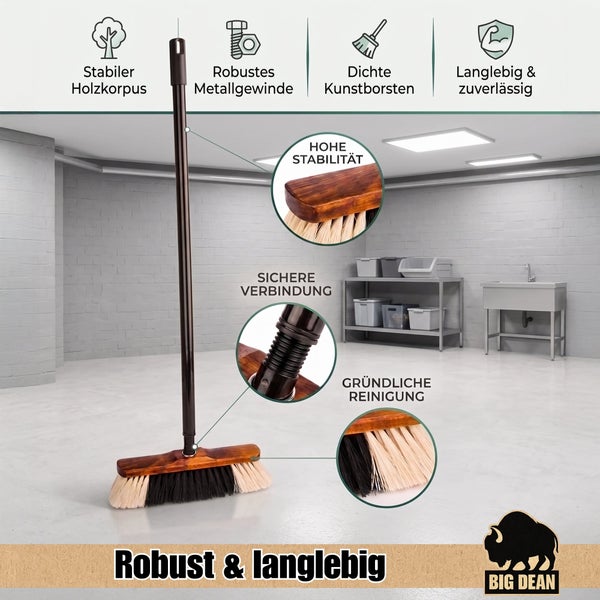 Industriebesen mit Holzkorpus, Metallgewinde und Kunststoffborsten zur gründlichen Reinigung in Werkstätten oder Lagerräumen.