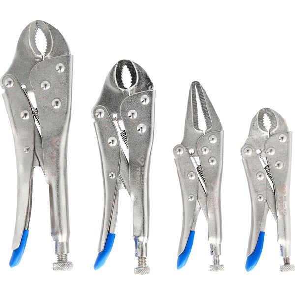 Vier Feststellzangen aus Metall mit Griffen