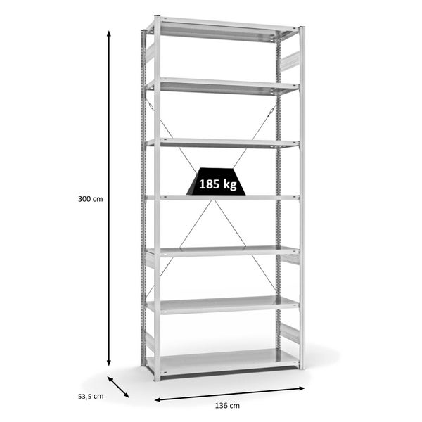 PROREGAL Fachbodenregal Stecksystem T-Profil Light-Duty Grundregal HxBxT 300 x 130 x 50 cm 7 Ebenen Fachlast 185 kg Einseitig Nutzbar Lichtgrau