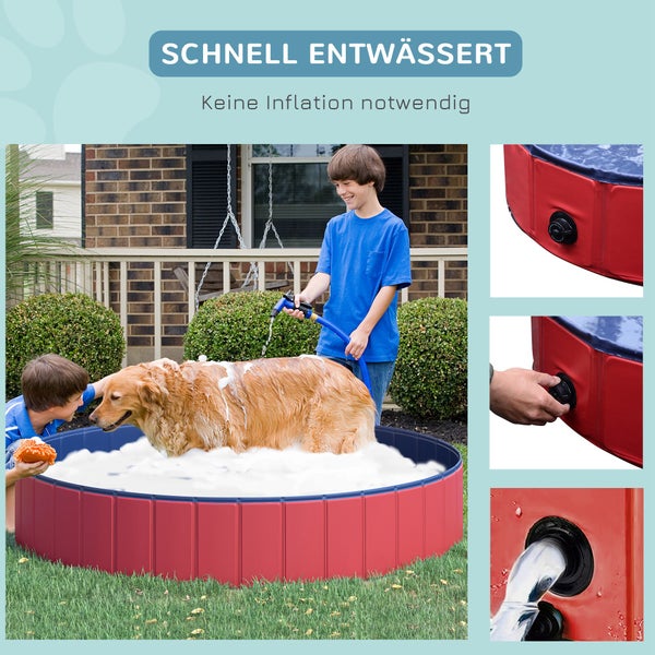 Kinder waschen einen Hund in einem faltbaren Hundepool im Garten, inklusive Detailansichten des Entwässerungsventils.