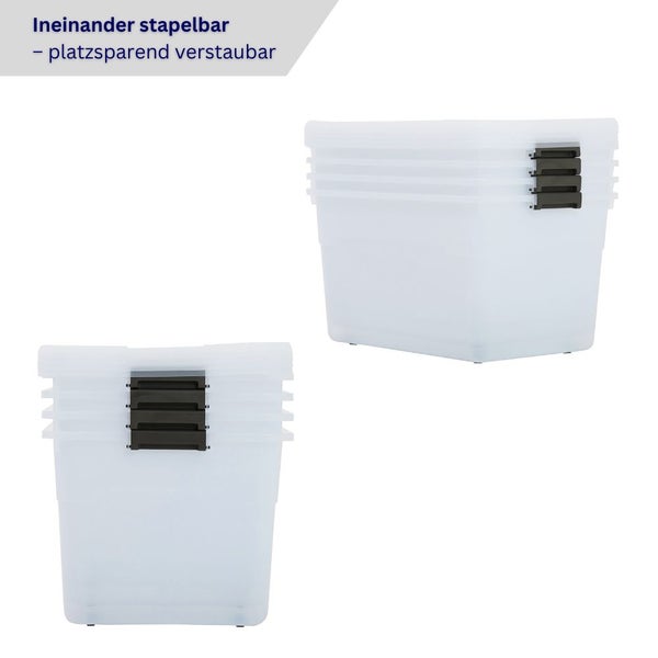 Ineinander stapelbare Aufbewahrungsboxen aus Kunststoff für eine platzsparende Lagerung.