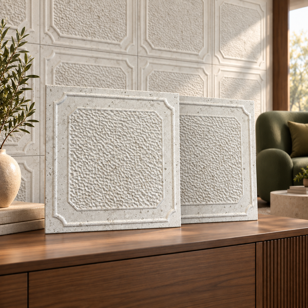 Zwei quadratische Wandpaneele mit strukturierter Oberfläche und Rahmenprägung, auf einem Holzsideboard in einem hellen Wohnraum präsentiert.