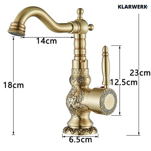 Antike Waschtischarmatur im Retro-Design mit floralen Verzierungen und Maßangaben, Klarwerk Logo.